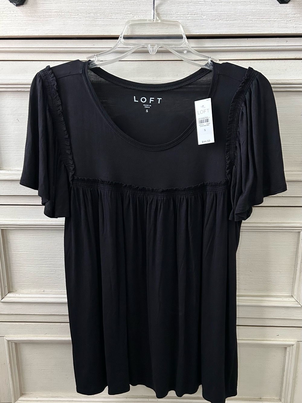 LOFT Black Ruffle Yoke Short Sleeve Top